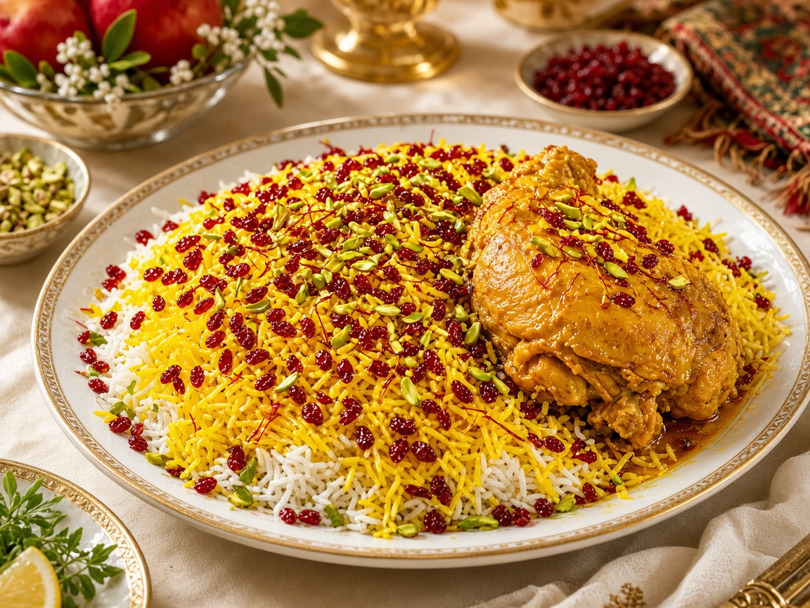 Zereshk Polo mit Safranhähnchen, angerichtet für eine Feier